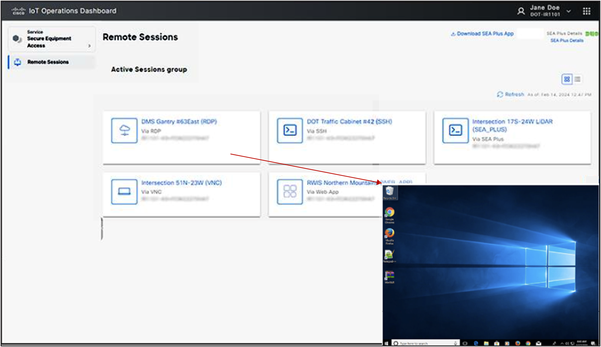 A RDP session via Secure Equipment Access