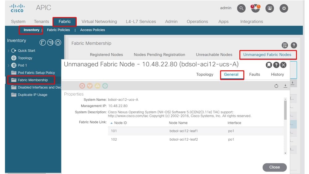 Infos sur les noeuds de fabric non gérés