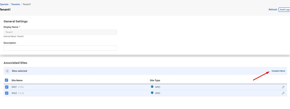 Unselect Sites associated with the tenant