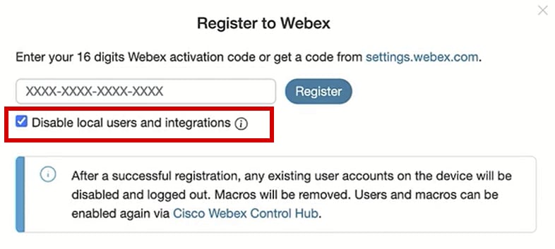 Registrati alla schermata popup di Webex dall'interfaccia utente dell'endpoint