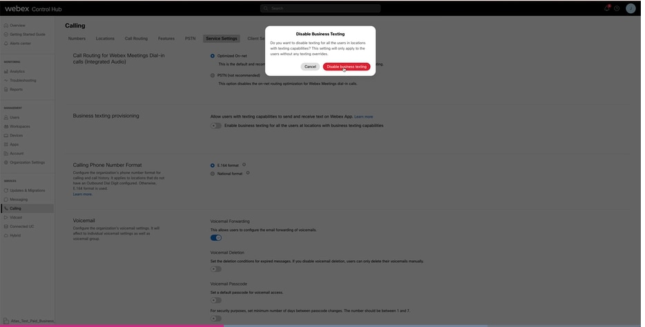 Disable Business Texting at Service Settings
