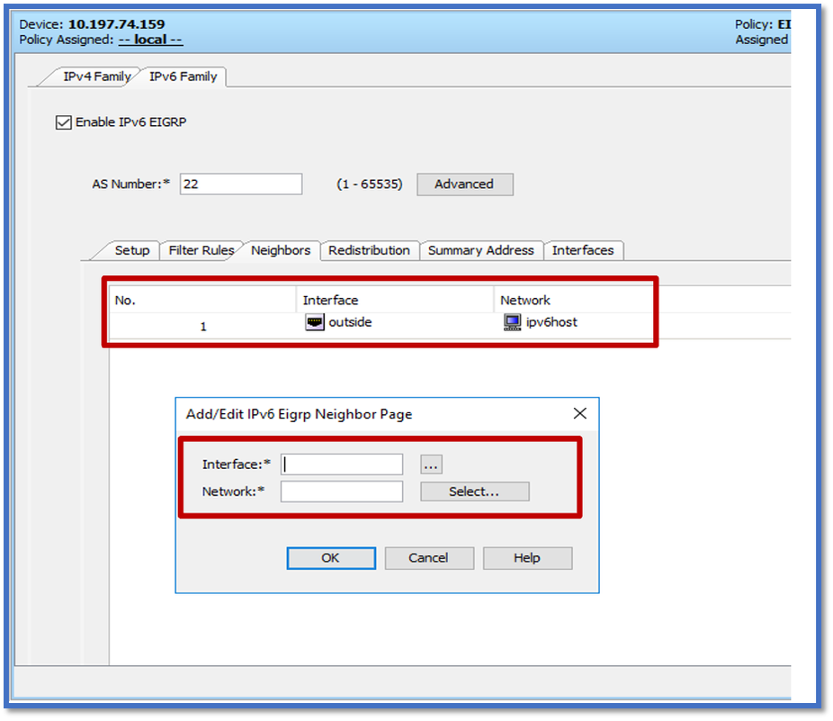 EIGRP IPv6 Filter Rules 탭