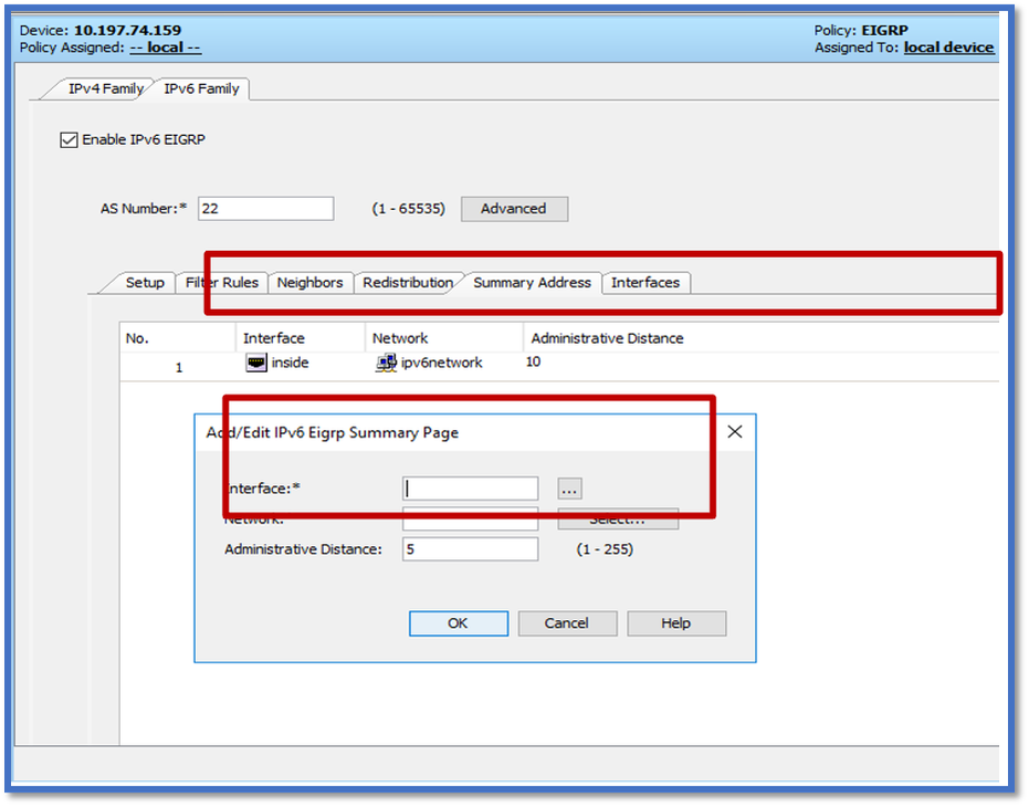 Onglet Redistribution IPv6 EIGRP