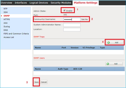 FTD SNMP – Konfigurieren von FXOS SNMP v1 oder v2c – Registerkarte „Platform Settings“ (Plattformeinstellungen)