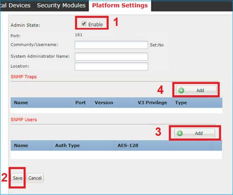 FTD SNMP - Configurazione di FXOS SNMP v3 - Scheda delle impostazioni della piattaforma