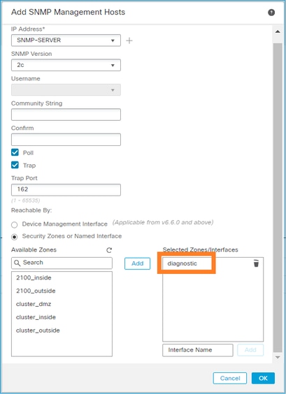 FTD SNMP – Configurer LINA SNMPv2c – Définir l’interface de diagnostic comme source pour les messages SNMP