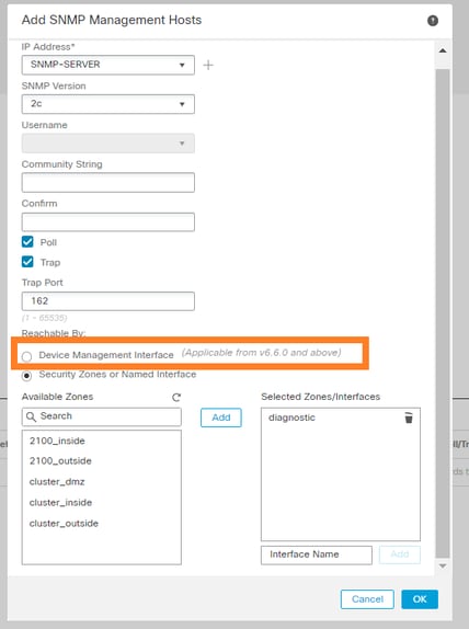 FTD SNMP – Konfigurieren von LINA SNMPv2c – Managementschnittstelle in FTD-Versionen ab 6.6 auswählen