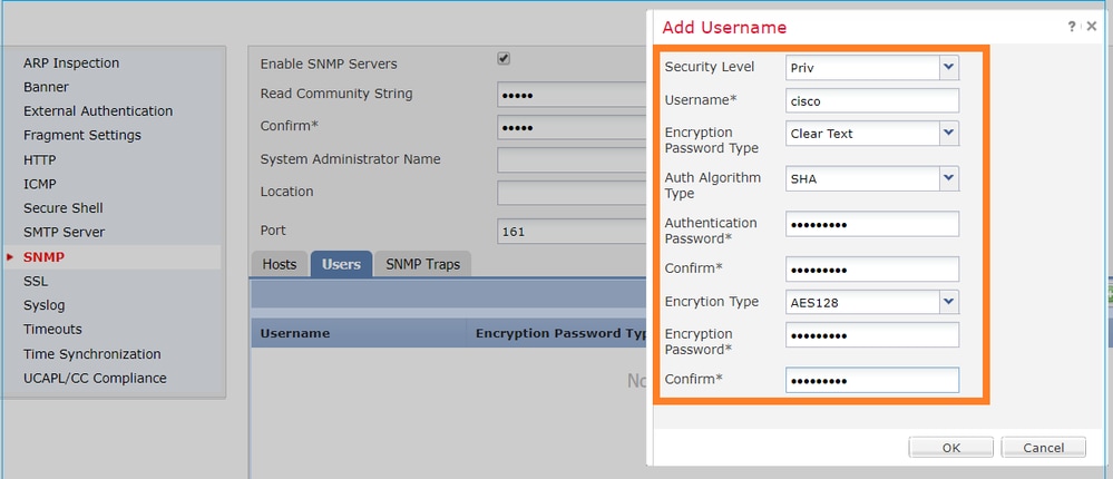 FTD SNMP - Configurazione di LINA SNMPv3 - Finestra di dialogo per l'aggiunta del nome utente