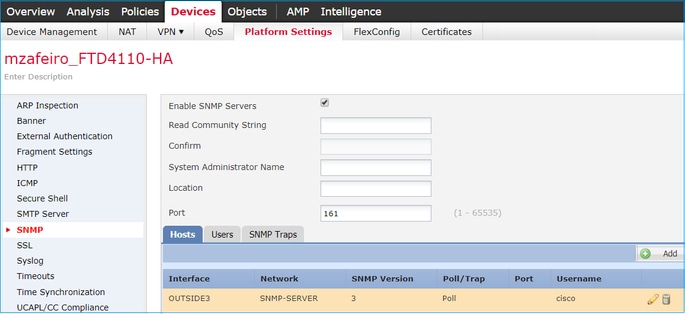 FTD SNMP – Konfigurieren von LINA SNMPv3 – Registerkarte „Devices“ (Geräte)