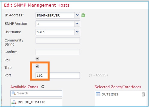 FTD SNMP – Configurer LINA SNMPv3 – Boîte de dialogue Edit SNMP Management Hosts (modifier les hôtes de gestion SNMP)