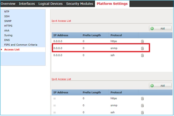 FTD SNMP – Konfigurieren der globalen Zugriffsliste über die GUI – Plattformeinstellungen