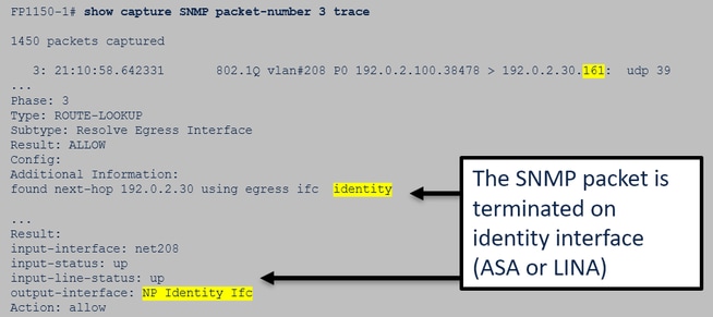 FTD SNMP - Traccia del pacchetto sull'interfaccia dati FTD - Scenario funzionale - Il pacchetto SNMP termina sull'interfaccia di identificazione (ASA o LINA)