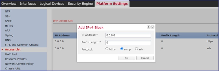 FTD SNMP - Verifica dell'ACL di FXOS dall'interfaccia utente