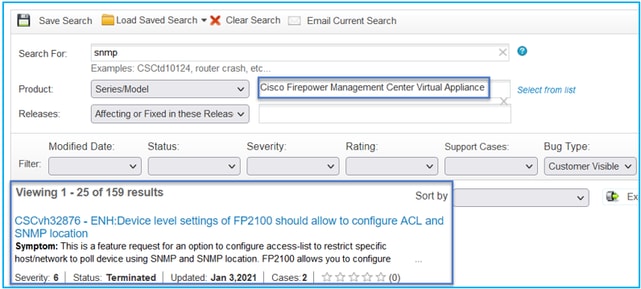 FTD SNMP – Suche nach SNMP-Fehlern – Beispiel für Ergebnisse des Bug Search Tools