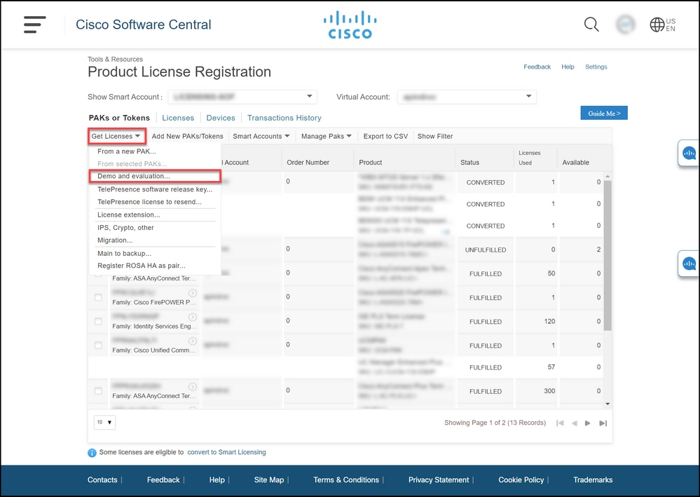 Generating a Demo or Evaluation License for SEG (IronPort) - Select demo and evaluation