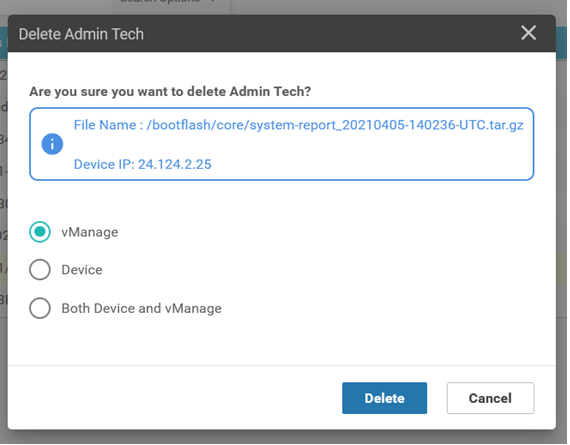 L'utente può eliminare i file da vManage, Device o entrambi