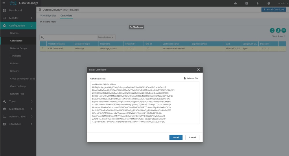 vManage Install Certificate
