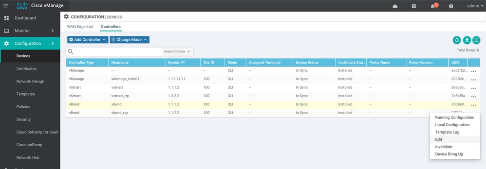 vManage Dashboard Edit vBond