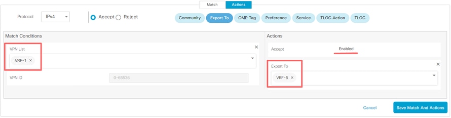 Exporting Routing Information for VRF 1 to VRF 5