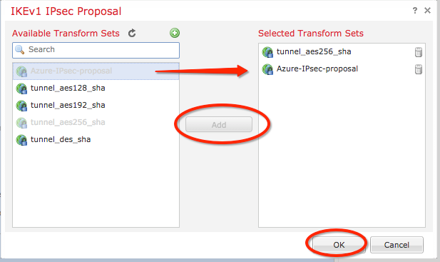 FMC Configuration Site-to-Site VPN - New IKEv1 Proposal Transform Sets