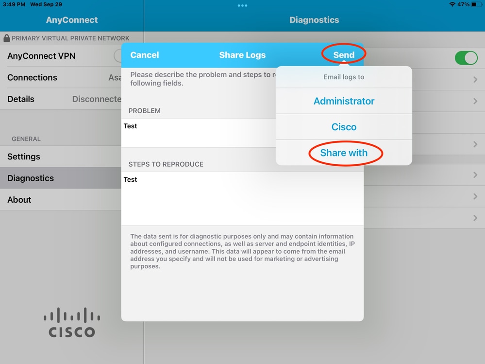 Graphical User Interface, Application AnyConnect. Image of Share Logs Page.