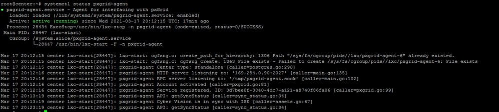 Estado del servicio del agente pxGrid en la CLI de CCV