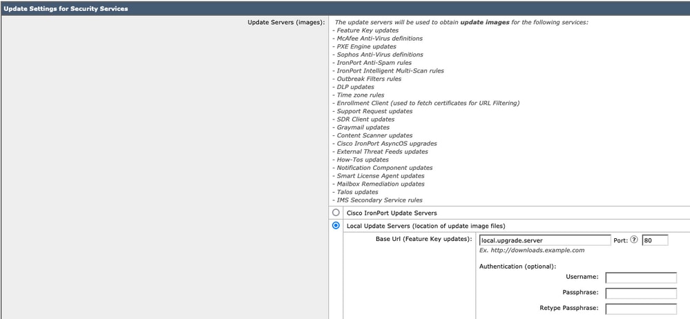 網路安全裝置(WSA)和思科郵件安全裝置(ESA) AsyncOS升級-清單檔案URL