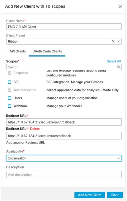 FMC 6.6.1+ Upgrade Tips - The SecureX Add a new API Client form allows creating and defining access to SecureX platform