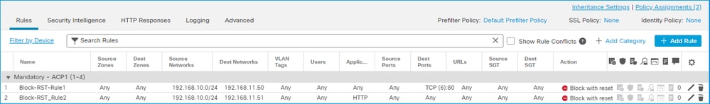 Una regola Block with reset (Blocca con reset) configurata nell'interfaccia utente FMC