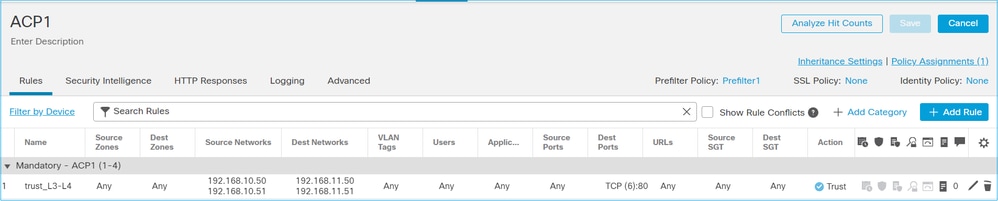 La policy configurata