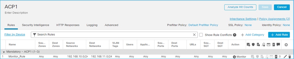 Une règle Monitor (surveillance) configurée sur l’interface utilisateur de Cisco FMC 