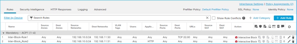 Une règle Interactive Block (blocage interactif) configurée sur l’interface utilisateur de Cisco FMC 