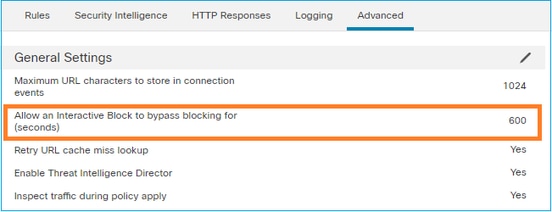 Il firewall consente di ignorare il blocco per 600 secondi