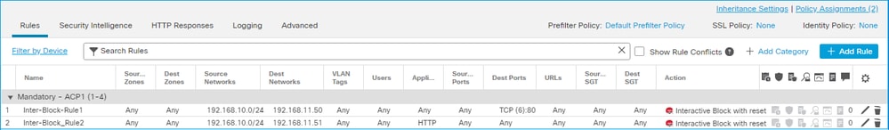 Bloc interactif avec règle de repos configurée sur l'interface utilisateur FMC