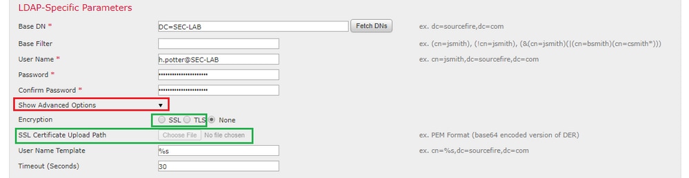 Geavanceerde SSL/TLS-opties voor externe verificatieobjecten configureren in Cisco FMC