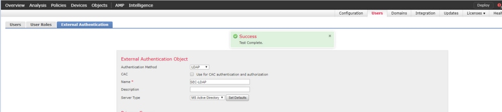 Test voor configuratie van externe verificatieobjecten in Cisco FMC uitvoeren