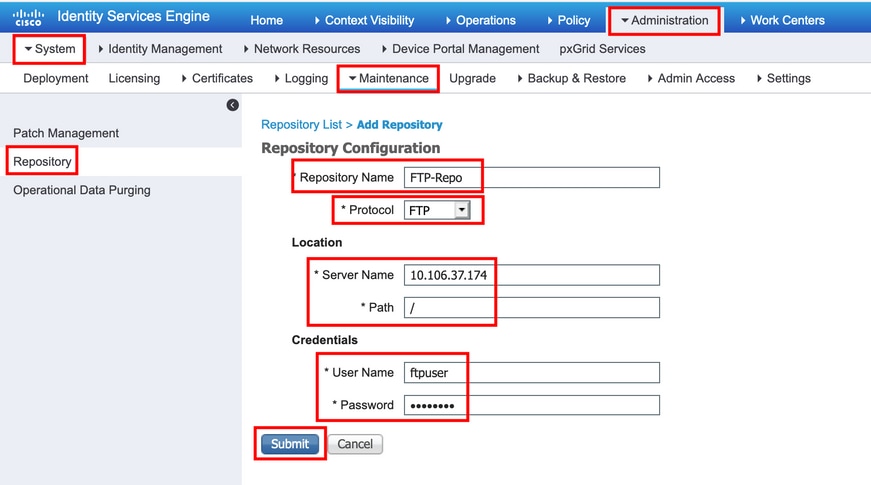 Insira os parâmetros de configuração para um repositório FTP e clique em Enviar