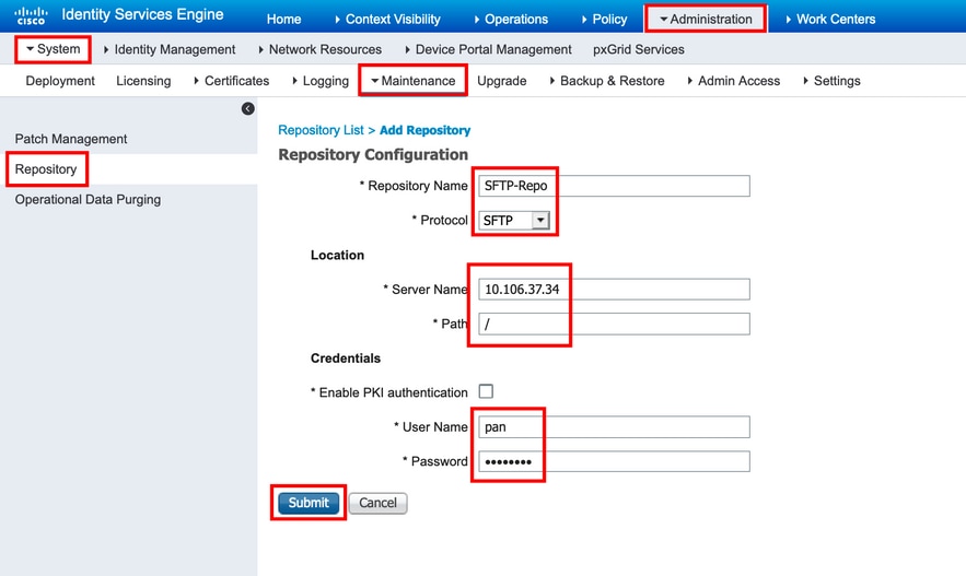 Insira os parâmetros de configuração para um repositório SFTP e clique em Enviar