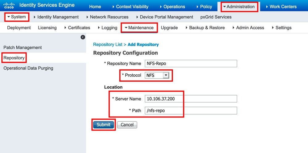 Insira os Parâmetros de Configuração para um repositório NFS e clique em Enviar