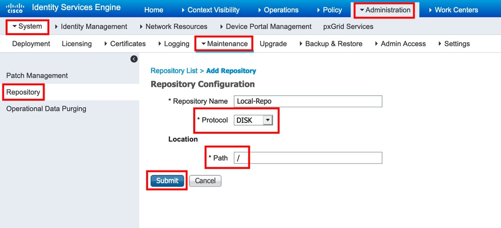 Insira os parâmetros de configuração para um repositório local e clique em Enviar