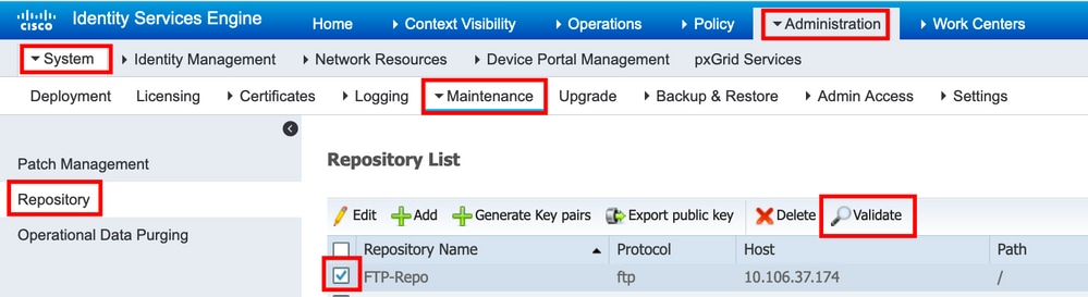 Selecione o repositório a ser verificado e clique em Validar