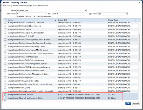 Select Network Admins AD Group and Network Maintenance Team AD Group Checkboxes