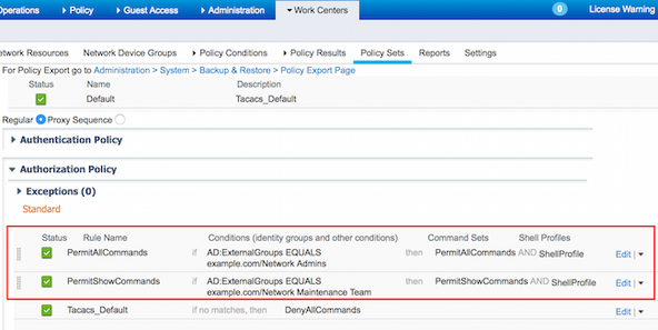 Duas regras de autorização estão configuradas: PermitAllCommands e PermitShowCommands