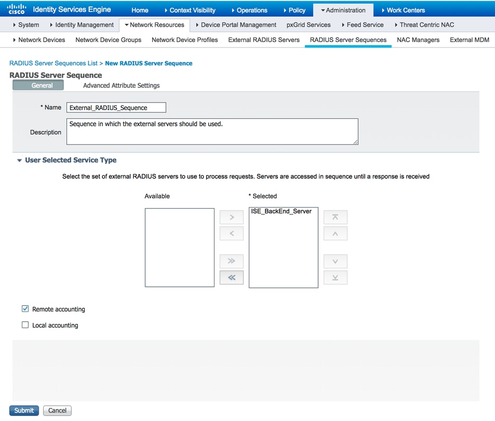 Configuración de secuencias de servidor RADIUS para servidores RADIUS externos en ISE