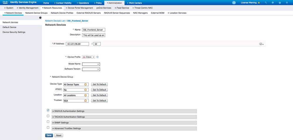 Configuración de ISE Frontend Server como dispositivo de red para ISE_Backend_Server (servidor RADIUS externo)