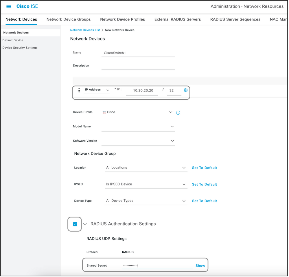 Cisco ISE 네트워크 장치 선택 IP RADIUS 인증 설정