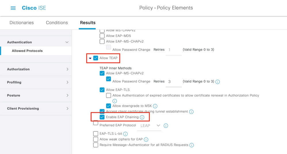 Configuration de Cisco ISE - Autoriser le protocole TEAP