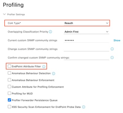 Configuración del filtro de tipo y atributo de CoA