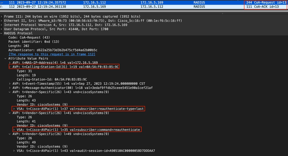 Perfiles de paquetes CoA de RADIUS después del terminal