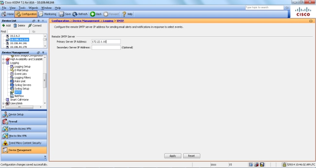 Elija Device Administration, Logging and SMTP e ingrese Primary Server IP Address